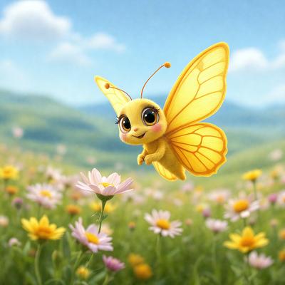 The primary subject of the image is a yellow butterfly with a pink nose, flying in a field of flowers. The setting is a lush green field with a variety of flowers, creating a vibrant and colorful atmosphere. The visual style of the image is a combination of photo and digital art, giving it a unique and artistic appearance. The colors and mood of the image are predominantly warm and cheerful, with the butterfly and flowers creating a sense of joy and natural beauty.